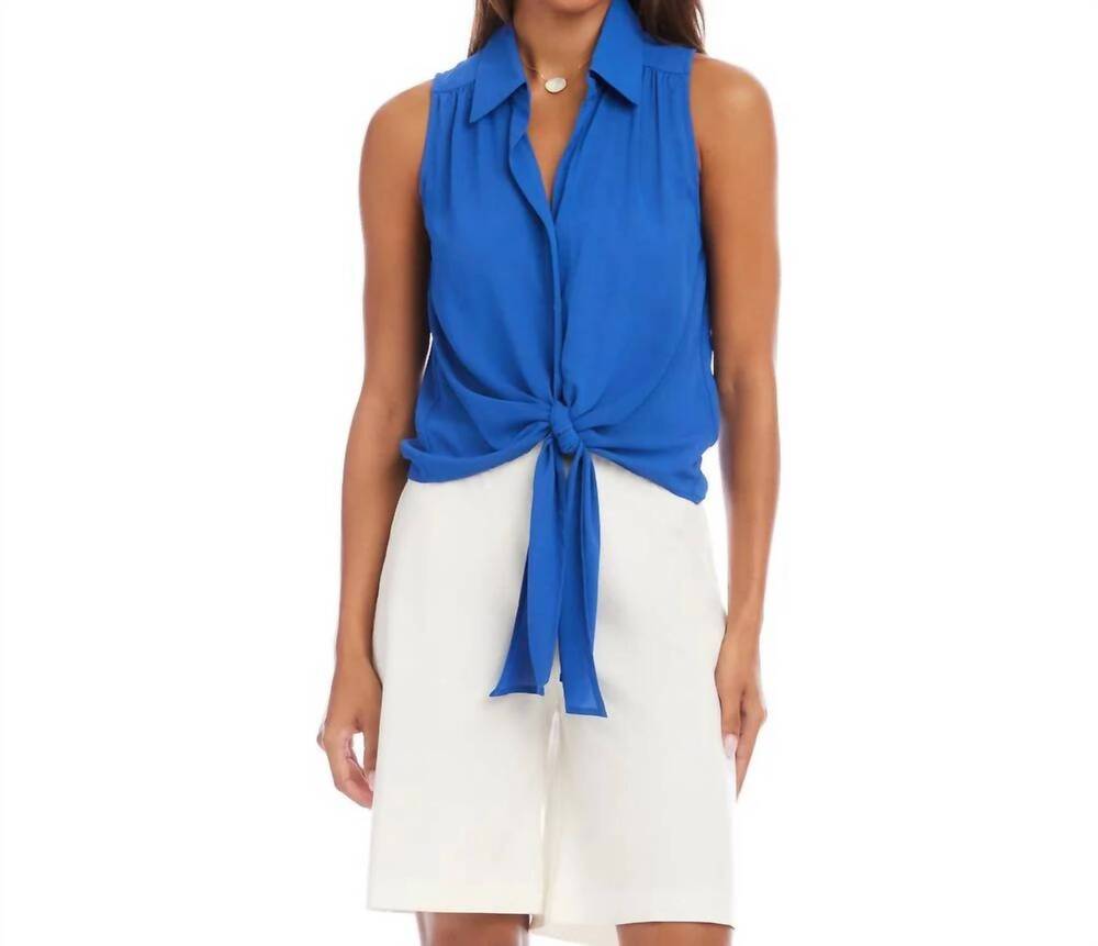 NEW KAREN KANE sleeveless tie-front top - petite in french blue